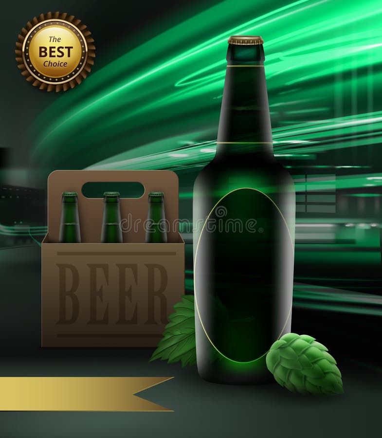 Vectorillustratie van groene bierfles en hop met verpakking en gouden lint met beloning op stadsachtergrond vector illustratie Vectorillustratie van groene bierfles en hop met verpakking en gouden lint met beloning op stadsachtergrond vector illustratie