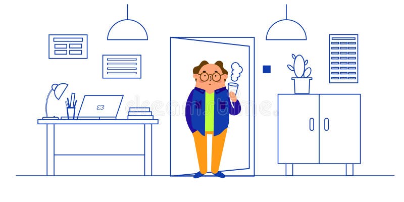 Vectorillustratie van het binnenland van een mens in het bureau, de situatie in het bureau: Bureau, computer, laptop, Bureaulamp vector illustratie Vectorillustratie van het binnenland van een mens in het bureau, de situatie in het bureau: Bureau, computer, laptop, Bureaulamp vector illustratie