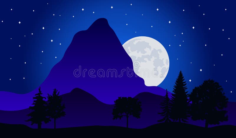 Vectorillustratie van het landschap van de nachtaard in het bos met een Berg, Volle maan en een Sterrige hemel stock illustratie Vectorillustratie van het landschap van de nachtaard in het bos met een Berg, Volle maan en een Sterrige hemel stock illustratie