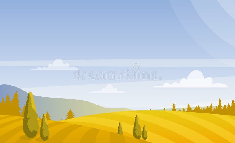 Vectorillustratie van het mooie landschap van de herfstgebieden met hemel en bergen in pastelkleuren Plattelandsconcept binnen stock illustratie Vectorillustratie van het mooie landschap van de herfstgebieden met hemel en bergen in pastelkleuren Plattelandsconcept binnen stock illustratie