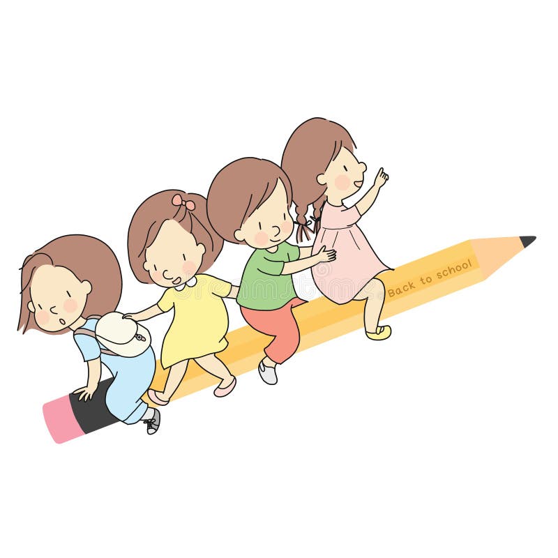 Vectorillustratie van kleine jonge geitjes die samen op geel houten potlood zitten Onthaal terug naar schoolkaart, prentbriefkaar vector illustratie Vectorillustratie van kleine jonge geitjes die samen op geel houten potlood zitten Onthaal terug naar schoolkaart, prentbriefkaar vector illustratie