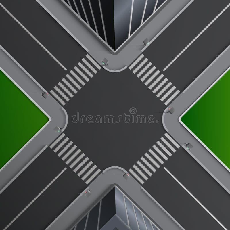 Vectorillustratie van stadsstraat met noteringen van voetcrossings, gebouwen en lown, kruispunt, hoogste mening vector illustratie Vectorillustratie van stadsstraat met noteringen van voetcrossings, gebouwen en lown, kruispunt, hoogste mening vector illustratie