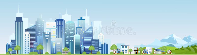 Vectorillustratie van stedelijk industrieel stadslandschap Grote moderne stad met wolkenkrabbers met bergen en land vector illustratie Vectorillustratie van stedelijk industrieel stadslandschap Grote moderne stad met wolkenkrabbers met bergen en land vector illustratie