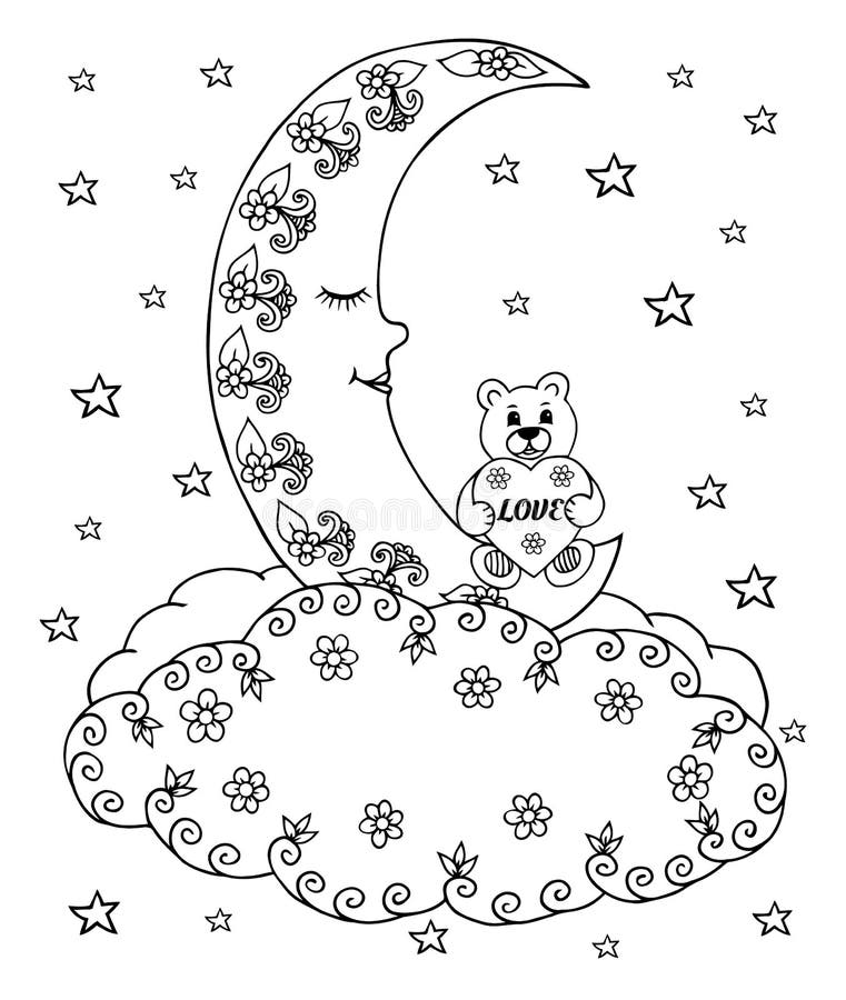 Vectorillustratie zentangl een teddybeer met een hart op de maan onder de wolken en de sterren Vectoreps 10 Kleurend boek anti stock illustratie Vectorillustratie zentangl een teddybeer met een hart op de maan onder de wolken en de sterren Vectoreps 10 Kleurend boek anti stock illustratie