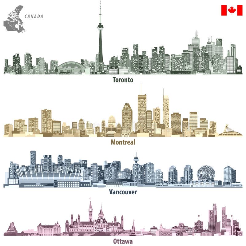 Vectorillustraties van Canadese steden Toronto, de horizonnen van Montreal, van Vancouver en van Ottawa in verschillende kleurenp vector illustratie Vectorillustraties van Canadese steden Toronto, de horizonnen van Montreal, van Vancouver en van Ottawa in verschillende kleurenp vector illustratie