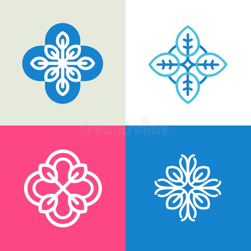 Vectorinzameling van de malplaatjes van het embleemontwerp en abstracte bloemenemblemen in vlakke lineaire stijl vector illustratie Vectorinzameling van de malplaatjes van het embleemontwerp en abstracte bloemenemblemen in vlakke lineaire stijl vector illustratie