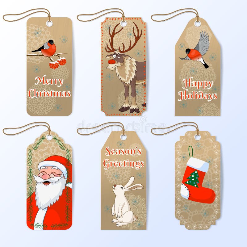 Vectorinzameling van zes leuke markeringen van de Kerstmisgift met Kerstman, goudvink, hazen en rood neusrendier Rudolph royalty-vrije illustratie Vectorinzameling van zes leuke markeringen van de Kerstmisgift met Kerstman, goudvink, hazen en rood neusrendier Rudolph royalty-vrije illustratie