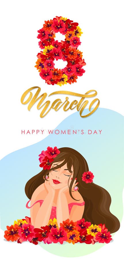 Vectorkaartmalplaatje voor vakantie van 8 Maart de Dag Mooie vrouw van Internationale Vrouwen met de Dag van de Gelukkige Vrouwen stock illustratie Vectorkaartmalplaatje voor vakantie van 8 Maart de Dag Mooie vrouw van Internationale Vrouwen met de Dag van de Gelukkige Vrouwen stock illustratie