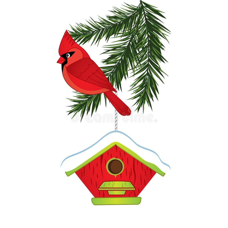 Vectorkardinaal, de Tak van de Pijnboomboom en Vogelhuis vector illustratie Vectorkardinaal, de Tak van de Pijnboomboom en Vogelhuis vector illustratie