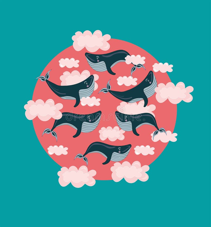 Vectorkinderenillustratie met het vliegen, zwemmende walvissen, vissen in roze wolken Grote droom Droom Droom, fantasieconcept vector illustratie Vectorkinderenillustratie met het vliegen, zwemmende walvissen, vissen in roze wolken Grote droom Droom Droom, fantasieconcept vector illustratie