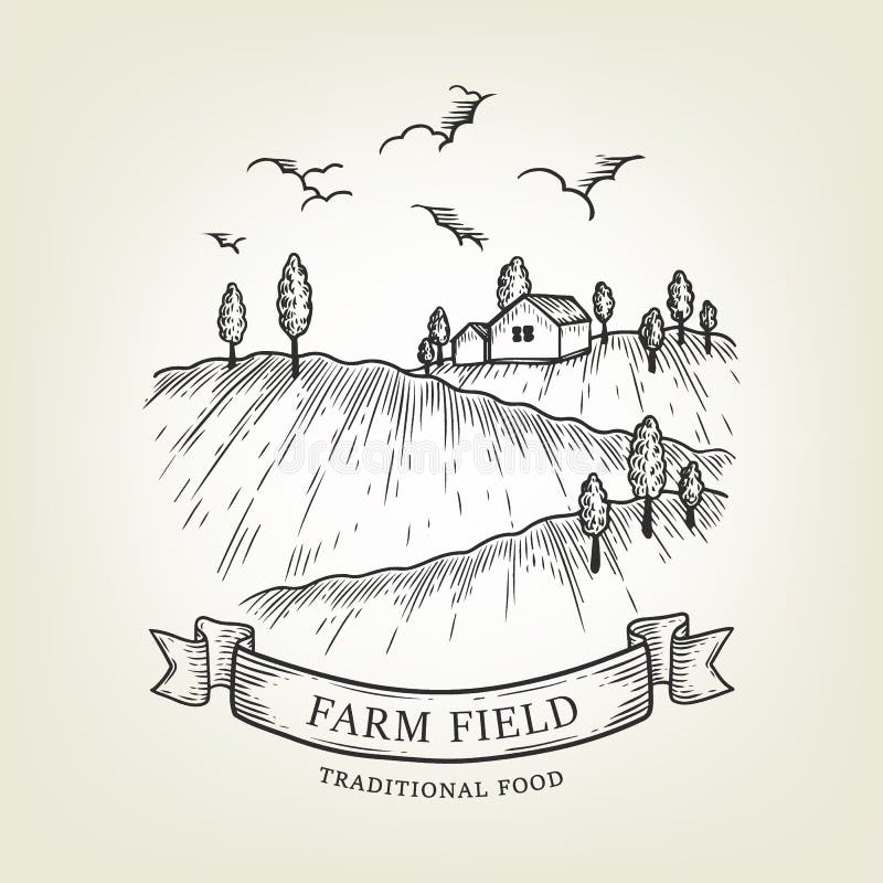 Vectorlandbouwbedrijflandschap Landelijke die mening in grafische die stijl wordt gedaan, op achtergrond wordt geïsoleerd stock illustratie Vectorlandbouwbedrijflandschap Landelijke die mening in grafische die stijl wordt gedaan, op achtergrond wordt geïsoleerd stock illustratie