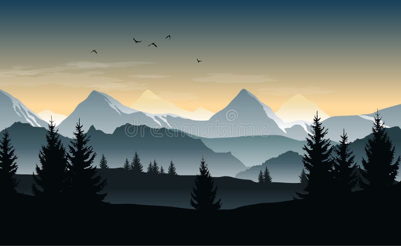 Vectorlandschap met silhouetten van bomen, heuvels en nevelige bergen en ochtend of avondhemel