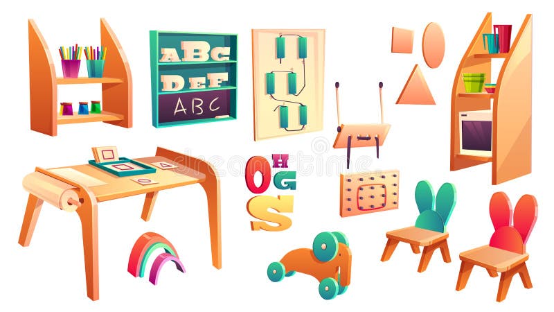 Vector montessori set, elements for elementary school isolated on white background. Kindergarten for infants, daycare for kids. Primary education in game, activity. Preschool classroom with chalkboard. Vector montessori set, elements for elementary school isolated on white background. Kindergarten for infants, daycare for kids. Primary education in game, activity. Preschool classroom with chalkboard