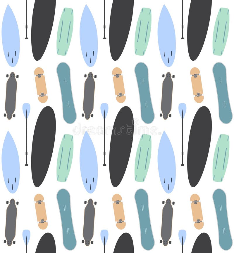 Vector seamless pattern of different flat cartoon colored skateboard snowboard longboard surf boards isolated on white background. Vector seamless pattern of different flat cartoon colored skateboard snowboard longboard surf boards isolated on white background