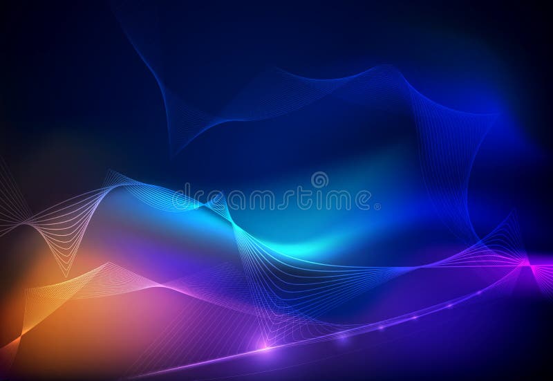 Illustration Abstract glowing, neon light effect, wave line, wavy pattern. Vector design communication techno on blue background. Futuristic digital technology for web or banner background. Illustration Abstract glowing, neon light effect, wave line, wavy pattern. Vector design communication techno on blue background. Futuristic digital technology for web or banner background