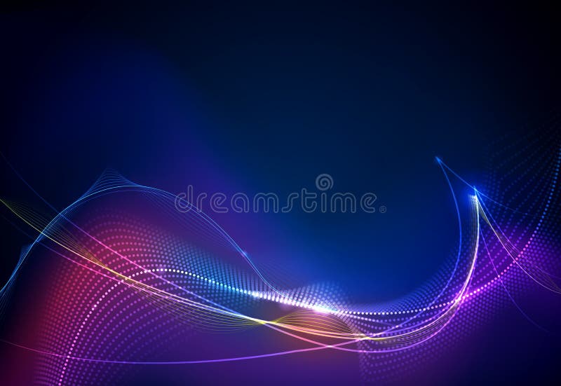 Illustration Abstract glowing, neon light effect, wave line, wavy pattern. Vector design communication techno on blue background. Futuristic digital technology for web or banner background. Illustration Abstract glowing, neon light effect, wave line, wavy pattern. Vector design communication techno on blue background. Futuristic digital technology for web or banner background