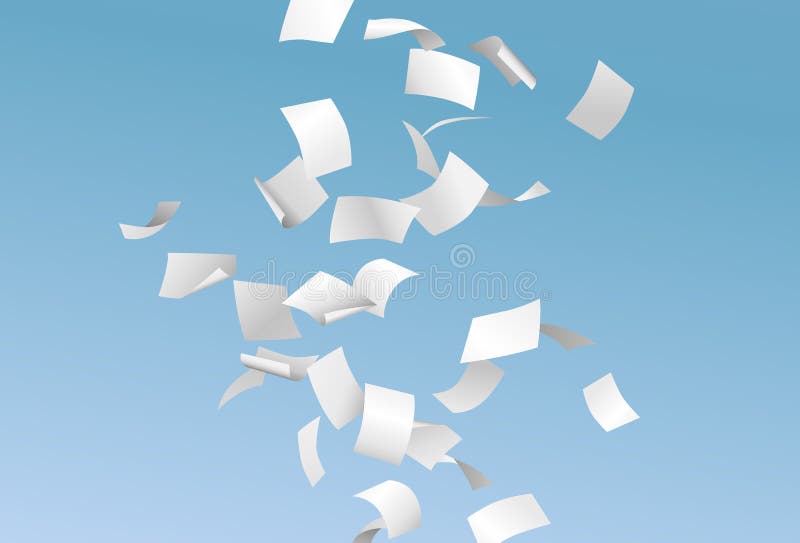 Vectorpagina's of documenten die neer in de wind met blauwe hemel vliegen royalty-vrije illustratie Vectorpagina's of documenten die neer in de wind met blauwe hemel vliegen royalty-vrije illustratie