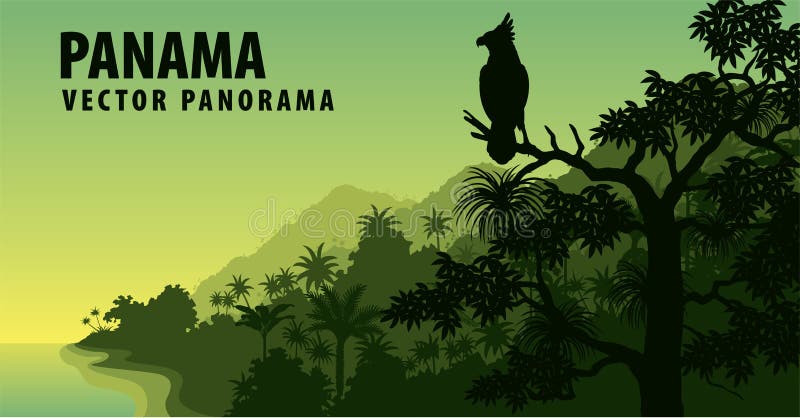 Vectorpanorama van Panama met wildernis het meest raimforest met harpijadelaar stock illustratie Vectorpanorama van Panama met wildernis het meest raimforest met harpijadelaar stock illustratie