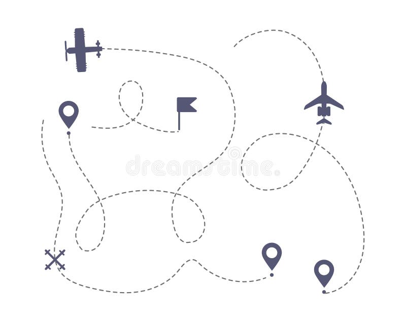 Vectorpictogrammen voor het vliegpad van het vliegtuig met beginpunt royalty-vrije illustratie Vectorpictogrammen voor het vliegpad van het vliegtuig met beginpunt royalty-vrije illustratie
