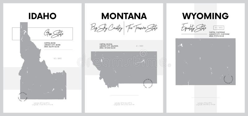 Vectorposters met zeer gedetailleerde silhouetten van kaarten van de staten van Amerika, Division Mountain - Idaho, Montana, Wyom