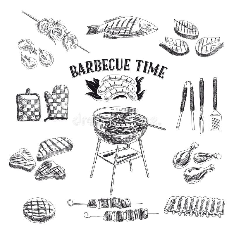 Vectorreeks barbecue en grillelementen Vector stock illustratie Vectorreeks barbecue en grillelementen Vector stock illustratie