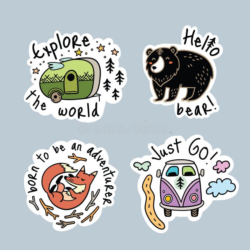 Fun travel stickers and patches for big adventures. Isolated vector illustrations for camping and outdoors. Set with fox, grizzly and van. Fun travel stickers and patches for big adventures. Isolated vector illustrations for camping and outdoors. Set with fox, grizzly and van