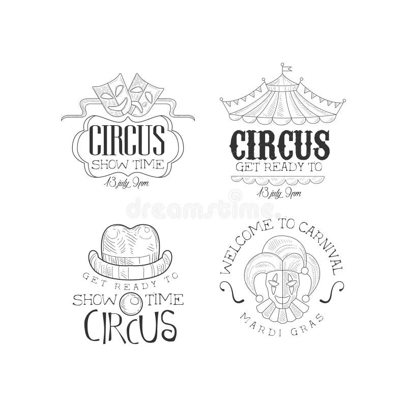 Vectorreeks emblemen van de schetsstijl voor circus en Mardi Gras Carnaval Originele hand getrokken emblemen voor de reclame van stock illustratie Vectorreeks emblemen van de schetsstijl voor circus en Mardi Gras Carnaval Originele hand getrokken emblemen voor de reclame van stock illustratie