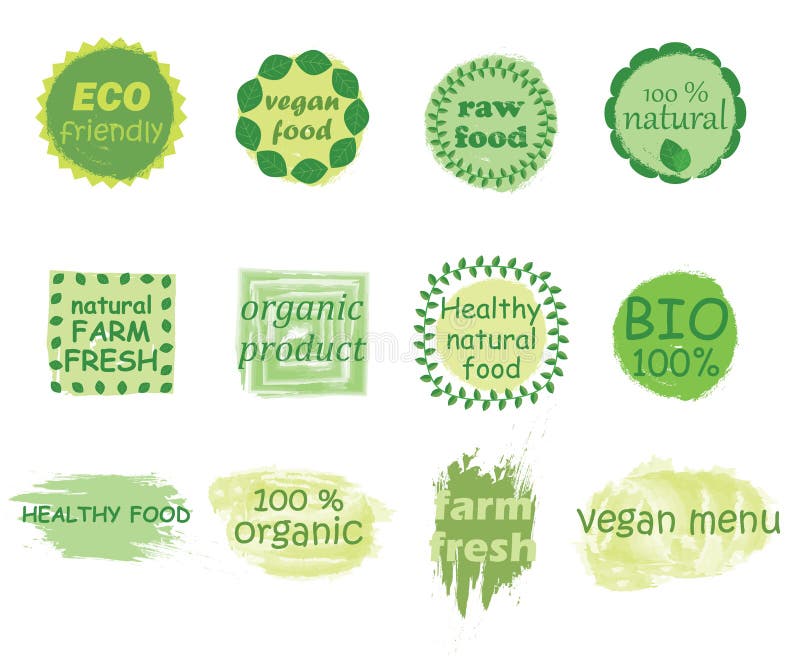Vectorreeks gezonde natuurvoedingetiketten vector illustratie Vectorreeks gezonde natuurvoedingetiketten vector illustratie