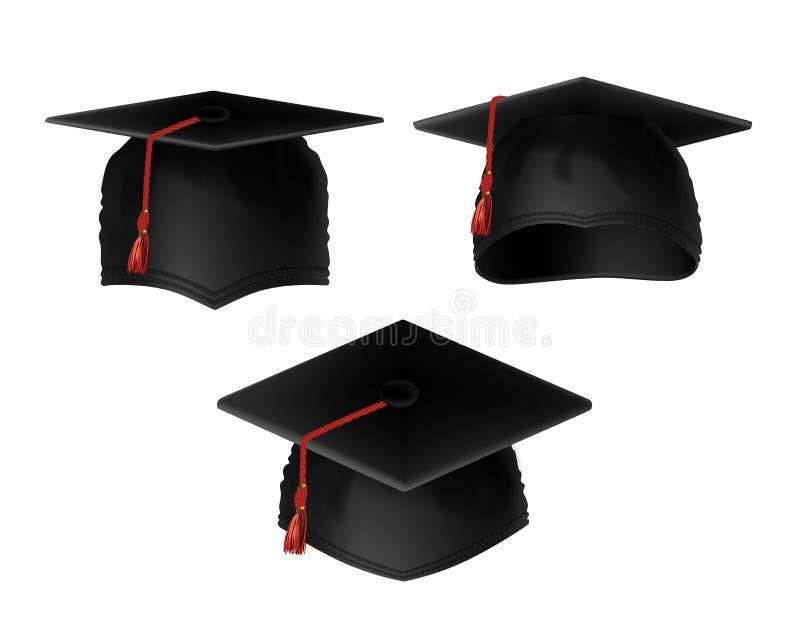 Vector realistic set of black graduation caps with red tassels, view from various sides isolated on background. Square academic hat, ceremonial headdress for university and college graduates. Vector realistic set of black graduation caps with red tassels, view from various sides isolated on background. Square academic hat, ceremonial headdress for university and college graduates