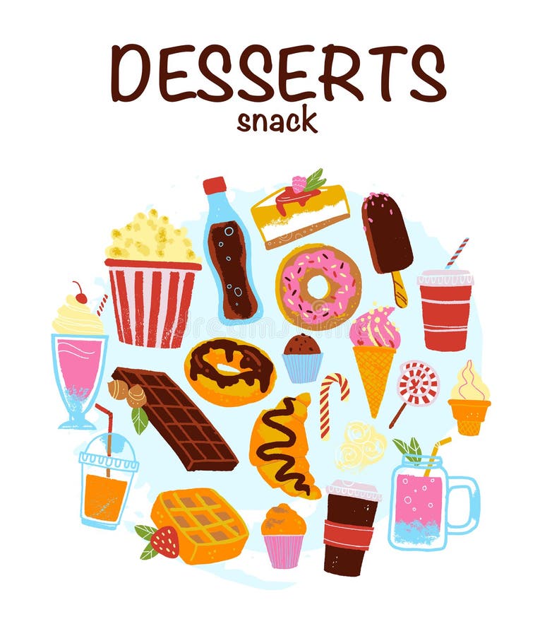 Vectorreeks hand getrokken die desserts, snacks & dranken op witte achtergrond worden geïsoleerd stock illustratie Vectorreeks hand getrokken die desserts, snacks & dranken op witte achtergrond worden geïsoleerd stock illustratie