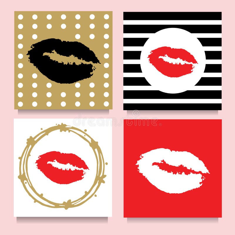 Vectorreeks kaarten met lipstic kussen in kaders, strepen, punten Rood, Gouden, Zwart, Wit vector illustratie Vectorreeks kaarten met lipstic kussen in kaders, strepen, punten Rood, Gouden, Zwart, Wit vector illustratie