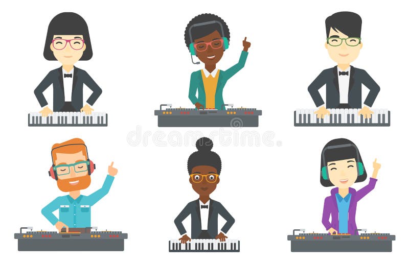 Young smiling musician playing piano. Pianist playing upright piano. Man playing on synthesizer. Musician performing with piano. Set of vector flat design illustrations isolated on white background. Young smiling musician playing piano. Pianist playing upright piano. Man playing on synthesizer. Musician performing with piano. Set of vector flat design illustrations isolated on white background.
