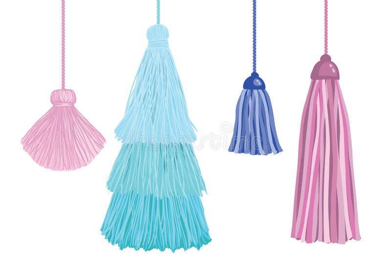 Vector Set Of Fun Decorative Tassels Hanging From Strings. Great for handmade cards, invitations, wallpaper, packaging, nursery designs. Decor. Vector Set Of Fun Decorative Tassels Hanging From Strings. Great for handmade cards, invitations, wallpaper, packaging, nursery designs. Decor.