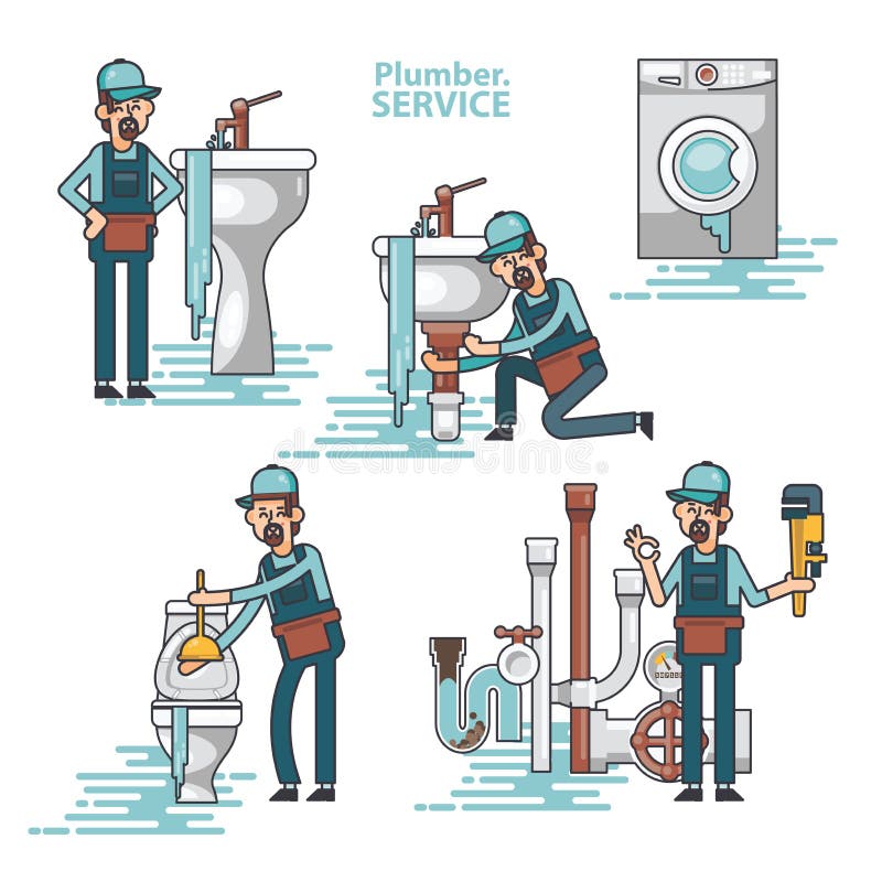 Vector set of professional plumbers repairing the broken home facilities, washbasin, toilet, cabin, washing machine, radiator, clog of pipes. Plumbing service. Vector set of professional plumbers repairing the broken home facilities, washbasin, toilet, cabin, washing machine, radiator, clog of pipes. Plumbing service