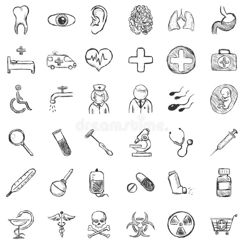 Vectorreeks Schets Medische Pictogrammen stock illustratie Vectorreeks Schets Medische Pictogrammen stock illustratie