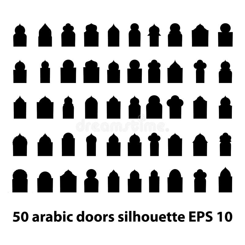 Vectorreeks van 50 Arabisch die deuren en vensterspoortsilhouet op witte achtergrond wordt geïsoleerd Ramadan kareem vormen van v