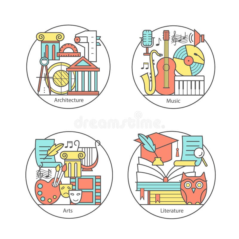 Vectorreeks van emblemenliteratuur, muziek, kunst, architectuur Moderne dunne lijnpictogrammen royalty-vrije illustratie Vectorreeks van emblemenliteratuur, muziek, kunst, architectuur Moderne dunne lijnpictogrammen royalty-vrije illustratie