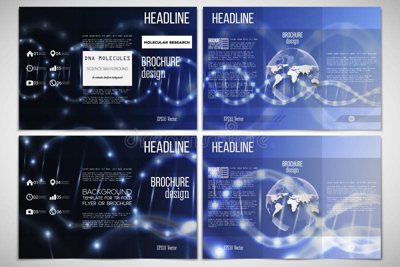 Vectorreeks van het ontwerpmalplaatje van de trifoldbrochure aan beide kanten met het element van de wereldbol DNA-blauwe molecul vector illustratie Vectorreeks van het ontwerpmalplaatje van de trifoldbrochure aan beide kanten met het element van de wereldbol DNA-blauwe molecul vector illustratie