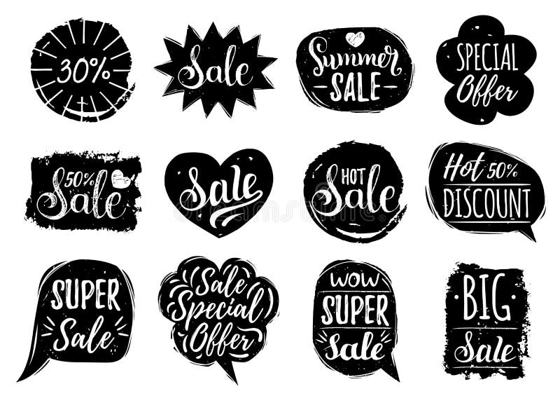 Vectorreeks van Verkoop het van letters voorzien in grappige toespraakbellen De inzameling van kortingskaarten van Speciale aanbi vector illustratie Vectorreeks van Verkoop het van letters voorzien in grappige toespraakbellen De inzameling van kortingskaarten van Speciale aanbi vector illustratie