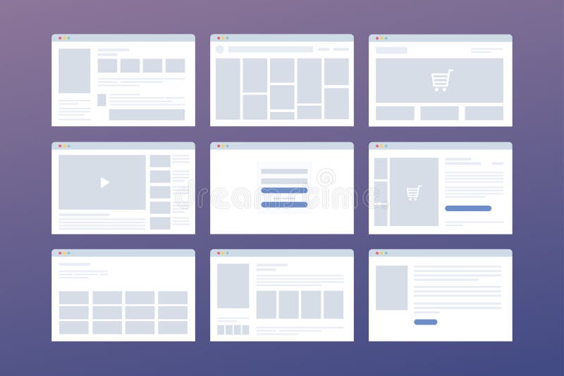 Vectorreeks vensters met het malplaatje van de websitepagina Concept sociale media: online opslag, login, het video ontvangen royalty-vrije illustratie Vectorreeks vensters met het malplaatje van de websitepagina Concept sociale media: online opslag, login, het video ontvangen royalty-vrije illustratie