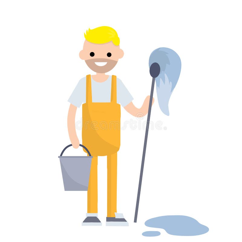 Service worker with MOP and bucket. Wet cleaning from dirt and dust. Blue puddle of water on the floor. Kind of profession men. Cartoon flat illustration. Service worker with MOP and bucket. Wet cleaning from dirt and dust. Blue puddle of water on the floor. Kind of profession men. Cartoon flat illustration.