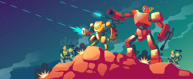 Vectorrobotoorlog op vreemde planeet, Mars stock illustratie Vectorrobotoorlog op vreemde planeet, Mars stock illustratie