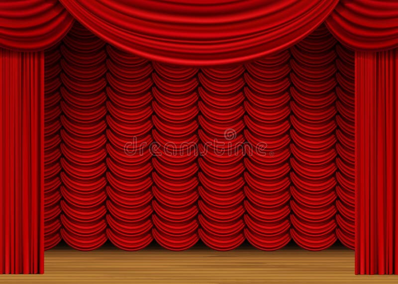Vectorscène met Rode Gordijnen en Houten Vloer stock illustratie Vectorscène met Rode Gordijnen en Houten Vloer stock illustratie