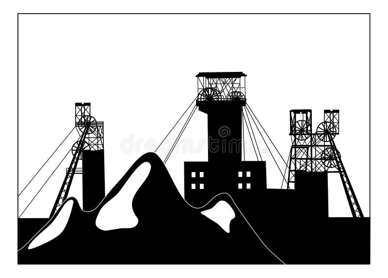 Vectorsilhouette illustratie van industriële steenkoolmijnsteenslakkenhakken en structurele hoofdframes boven mijnschacht Metallu