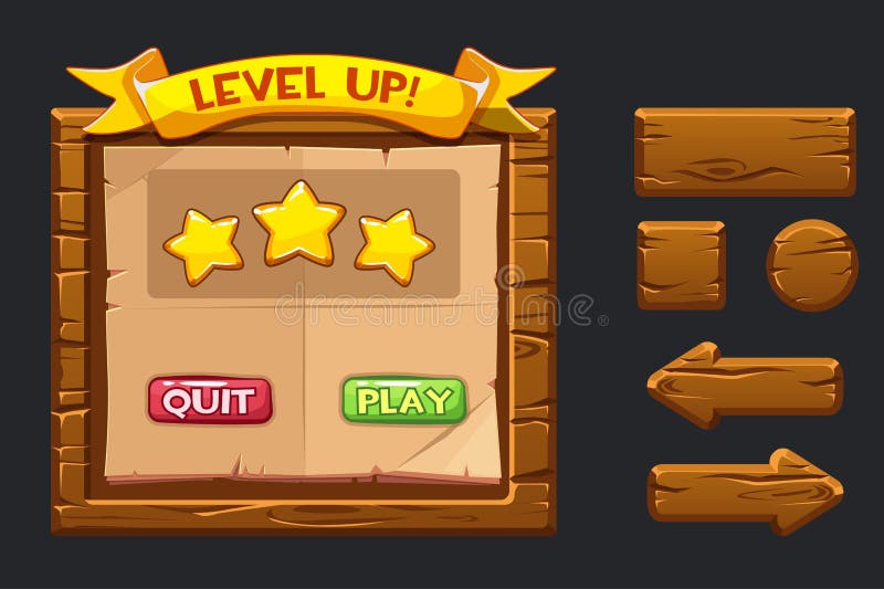 Vector game UI kit. Sjabloon houten menu van grafische gebruikersinterface (GUI) en knoppen om 2D-games te maken. Ribbon level up royalty-vrije illustratie