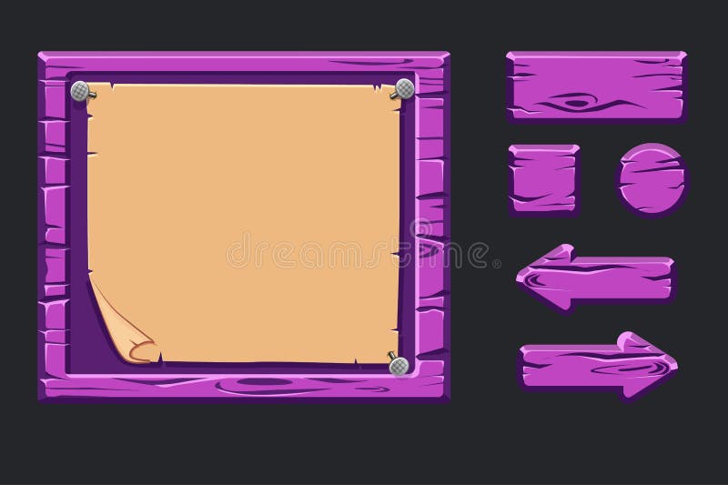 Vectorspel ui uitrusting Malplaatje violet houten menu van graphical user interface GUI, oude document en knopen om 2D spelen te vector illustratie