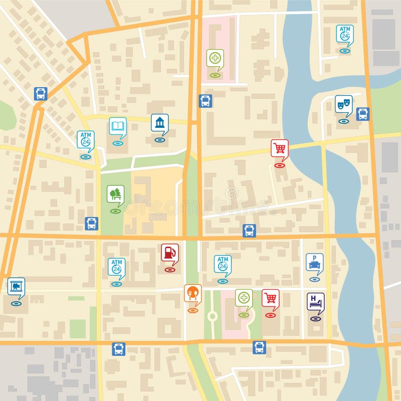 Vectorstadskaart met de wijzers van de speldplaats royalty-vrije illustratie Vectorstadskaart met de wijzers van de speldplaats royalty-vrije illustratie