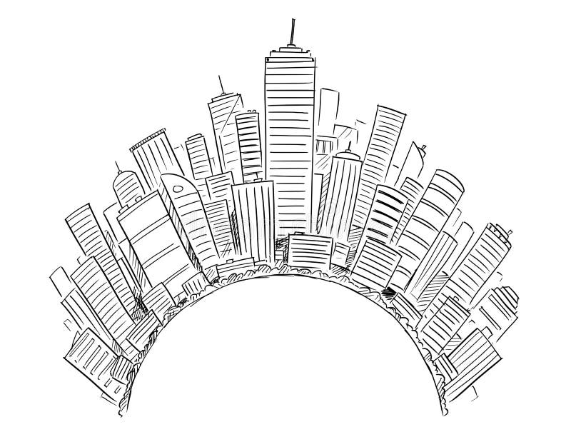 Vectortekening van Generische Moderne Hoge Stijgingsgebouwen rond Halve Cirkel of Bol vector illustratie Vectortekening van Generische Moderne Hoge Stijgingsgebouwen rond Halve Cirkel of Bol vector illustratie