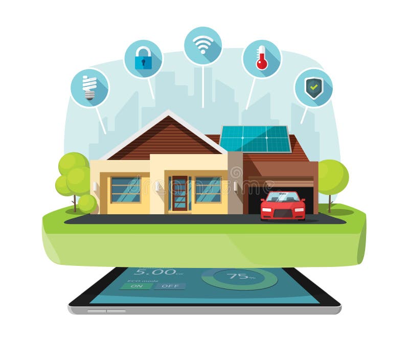 Vectorul casei viitoare inteligente, care ilustrează tehnologia energiei solare stock illustration