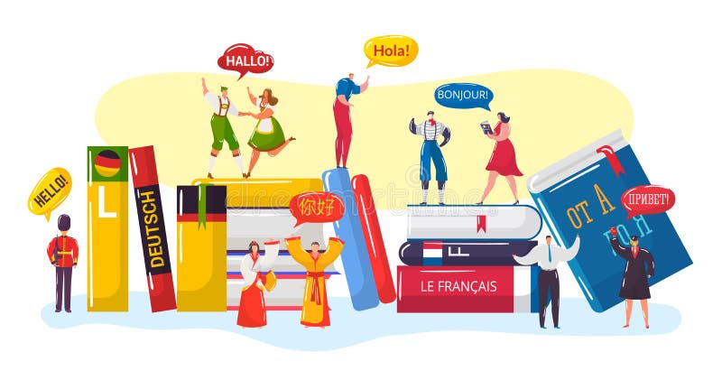 Vectorul de întâmpinare multilingv ilustrat desene animate cu oameni simpli, în haine tradiționale naționale, salută și spun stock illustration